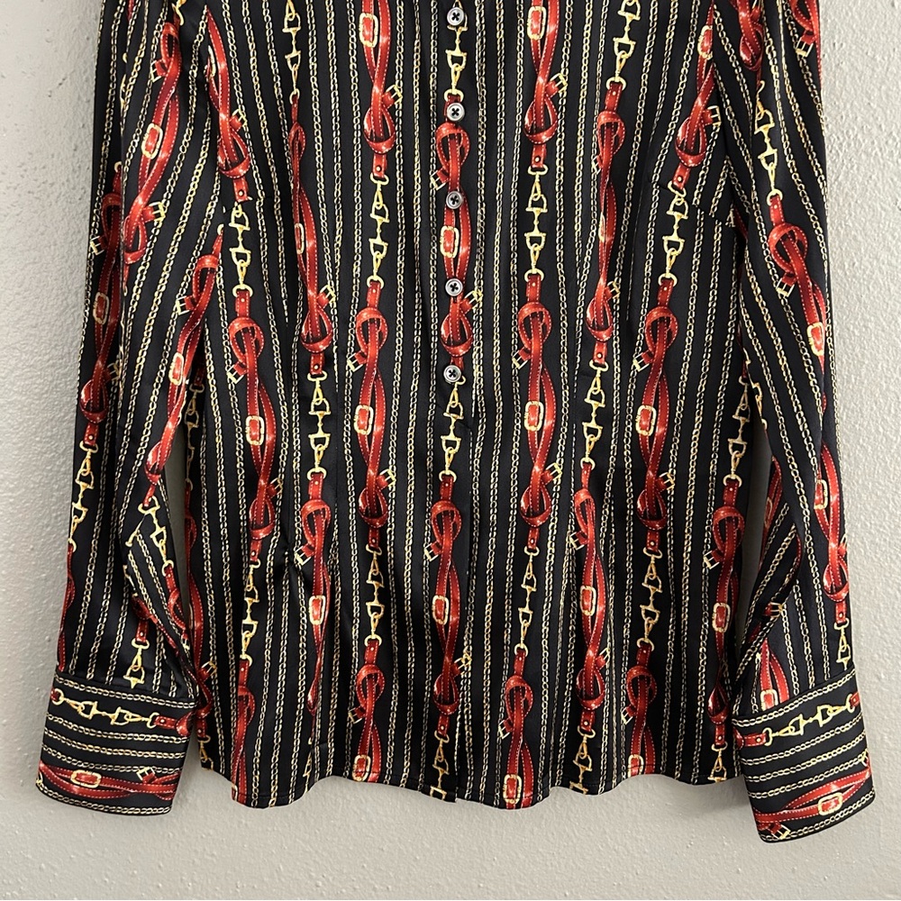 Eye Silk Bit and Bridle Print Button Front Shirt Women’s Size 4 Old Money Luxury - Picture 3 of 10
